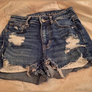 American Eagle Outfitters Women's Blue Distressed Hi Rise Stretch Denim Shorts